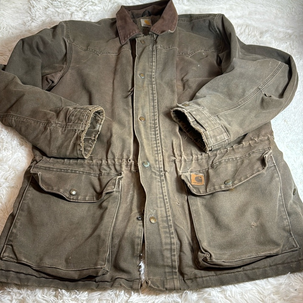 VTG Distressed Carhartt Duck Canvas Blanket Lined Chore Barn Ranch Coat Jacket